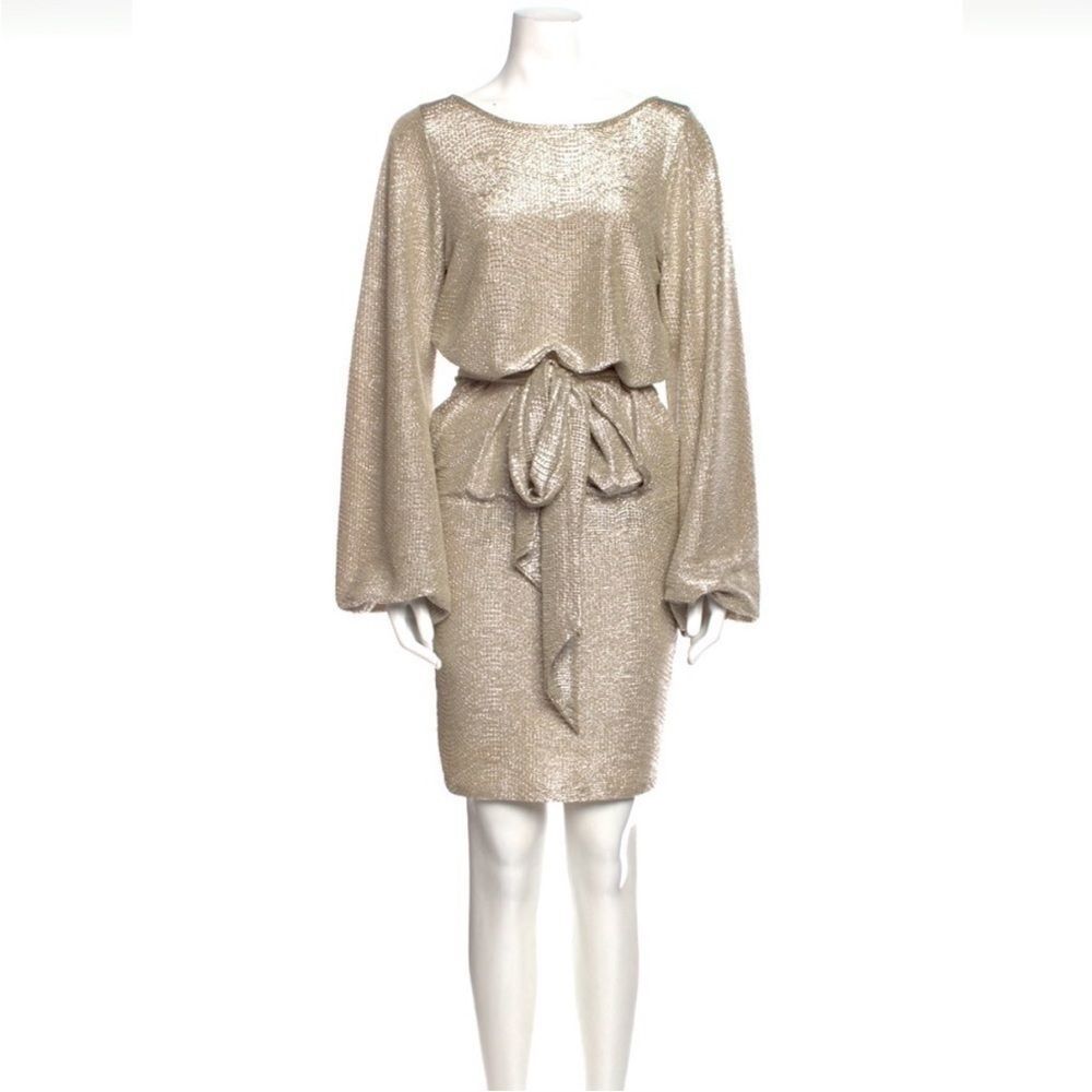 Alexis Gold Metallic Bateau Neckline Blouson Dress with Balloon Sleeves. EUC!